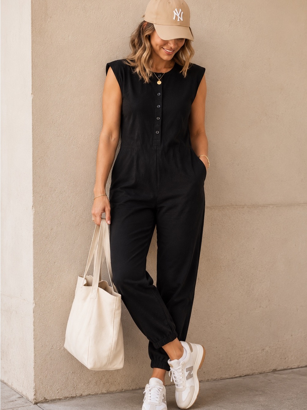 Smash + Tess Black 100% Cotton Utility Jumpsuit Romper Shoulder Pad Button Front